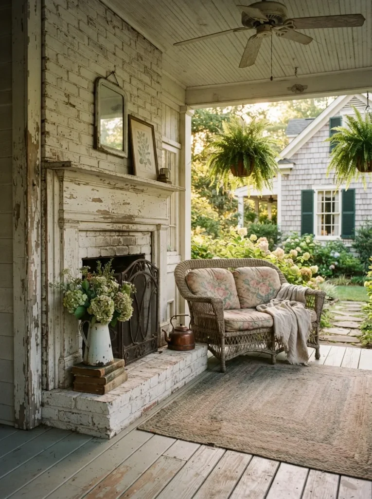 Shabby-Chic Porch Fireplace