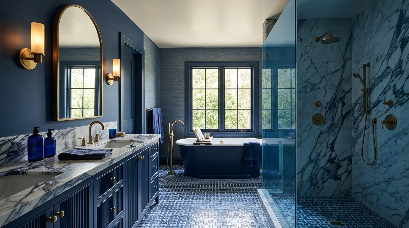 moody blue bathroom